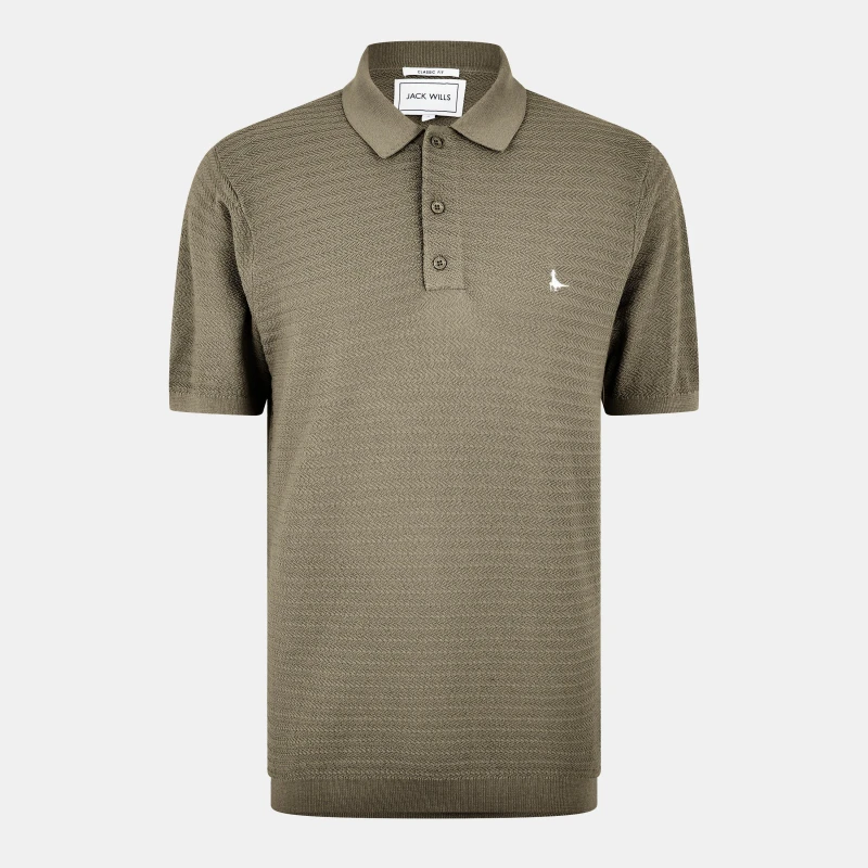 Image of Jack Wills Mens Herringbone Short-Sleeve Polo Shirt Smokey Olive male S