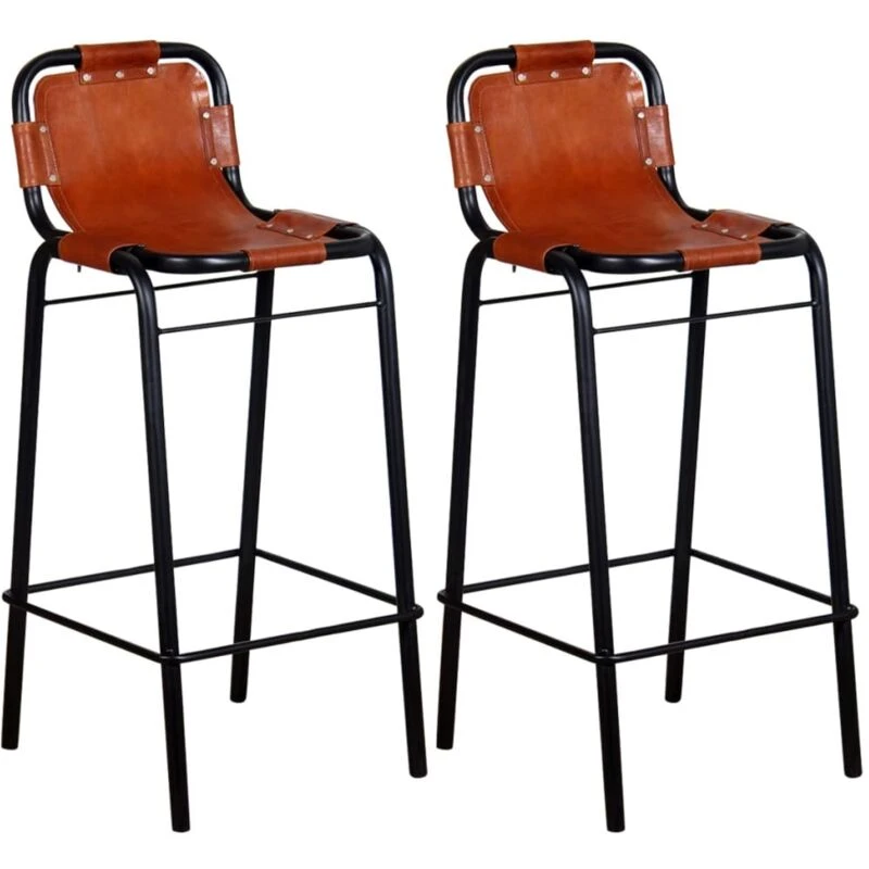 Image of vidaXL 2x Bar Stools Genuine Leather Kitchen Counter Seat Chair Furniture