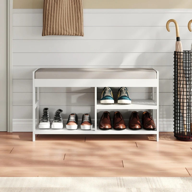 Image of Cottonfy UK 2-Tier Wood Shoe Storage Bench with Padded Seat - White White L