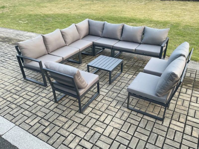Image of Fimous 10 Seater Patio Outdoor Garden Furniture Aluminium Lounge Corner Sofa Set with Square Coffee Table Dark Grey Dark Grey Unisex