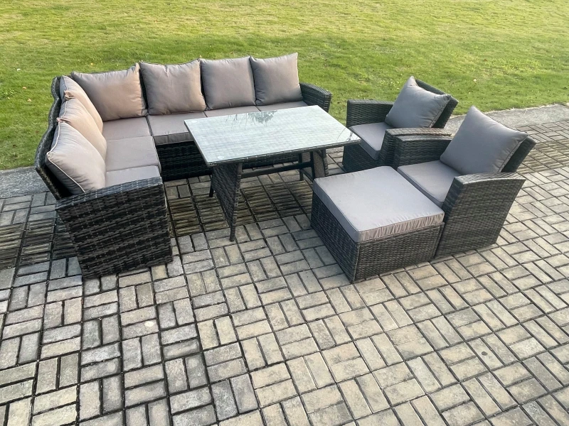 Image of Fimous High Back Outdoor Garden Furniture Set Rattan Corner Sofa Dining Table Set With Big Footstool Armchair in Dark Grey Dark Grey Unisex
