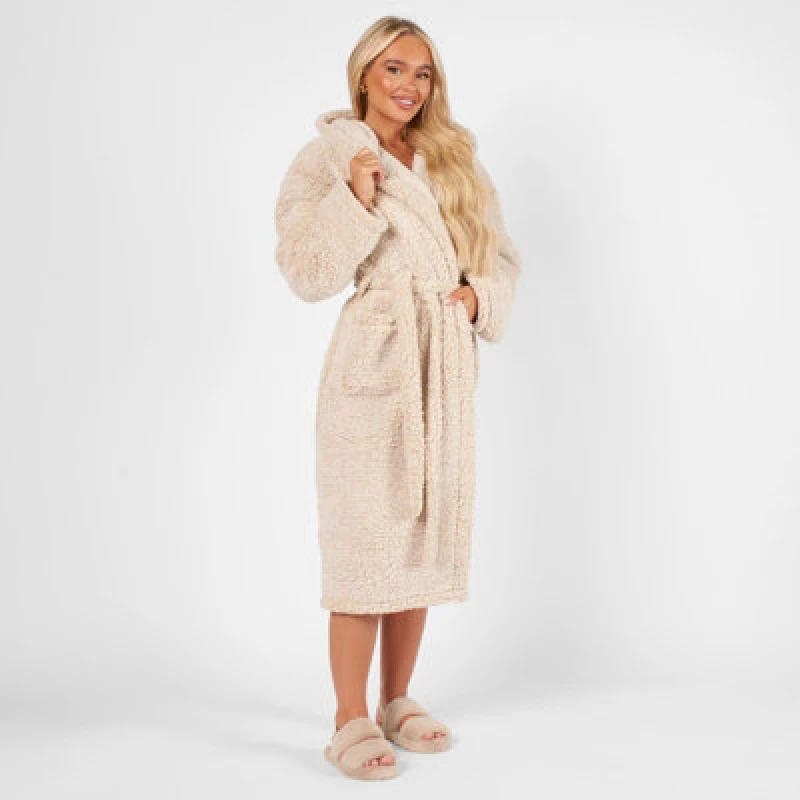 Image of OHS OHS Teddy Marl Fleece Adults Dressing Gown Full-Length Robe in Beige Beige One Size Unisex 5027434165179