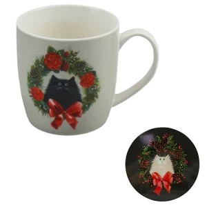 Image of Kim Haskins Christmas Wreath Cat Porcelain Mug & Coaster Set