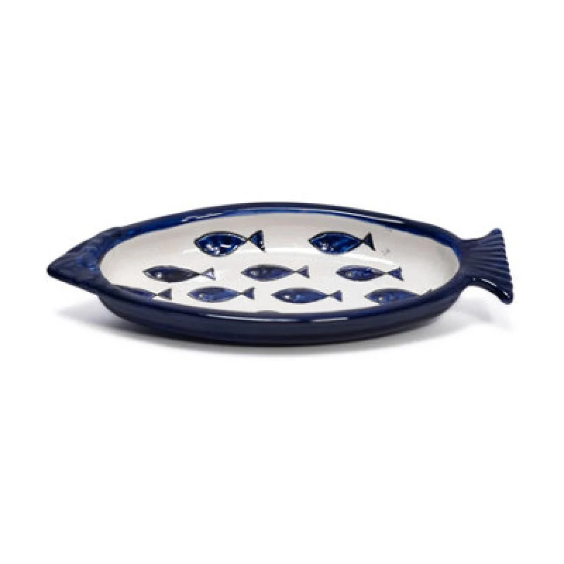 Image of Verano Spanish Ceramics Signature Hand Painted Blue Ceramic Kitchen Dining Fish Shaped Serving Dish 25L X 10Cm (W)