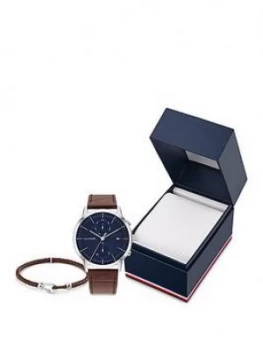 Image of Tommy Hilfiger Blue Multi Dial Brown Leather Strap Watch & Bracelet Gift Set