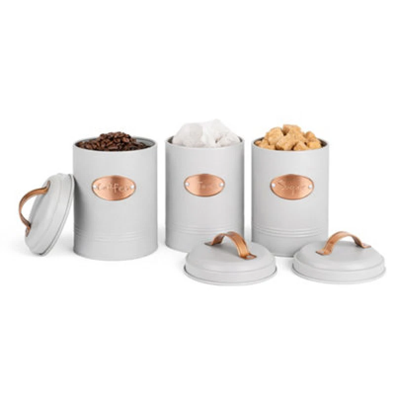 Image of Innoteck Essentials Vintage Tea, Sugar, Coffee Canisters With Copper Decoration - Grey