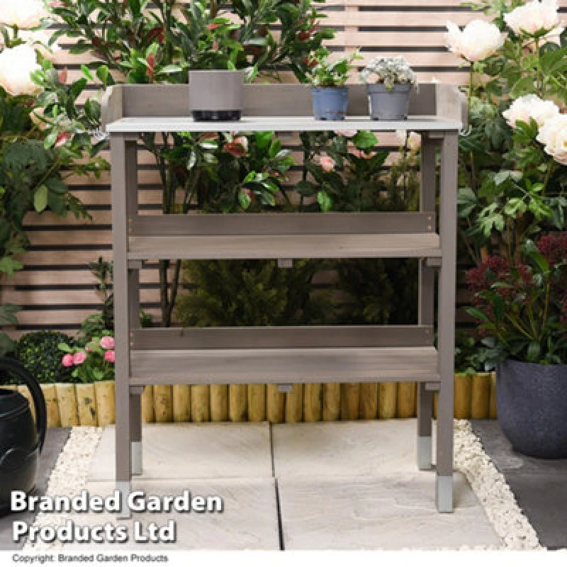 Image of Garden Gear 3-Tier Wooden Potting Table With Galvanised Steel Worktop Outdoor Gardening Work Station
