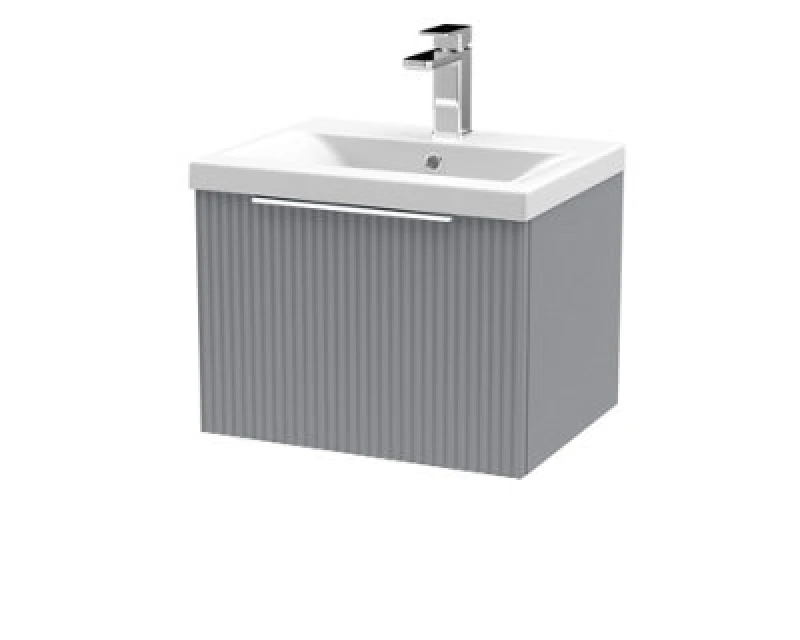 Image of Hudson Reed Fluted Wall Hung 1-Drawer Vanity And Mid-Edge Basin, Contemporary Sink Vanity Unit, Satin Grey