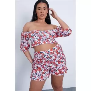 Image of I Saw It First Red Plus Size Floral Ruched Front Milk Maid Crop Top - Red