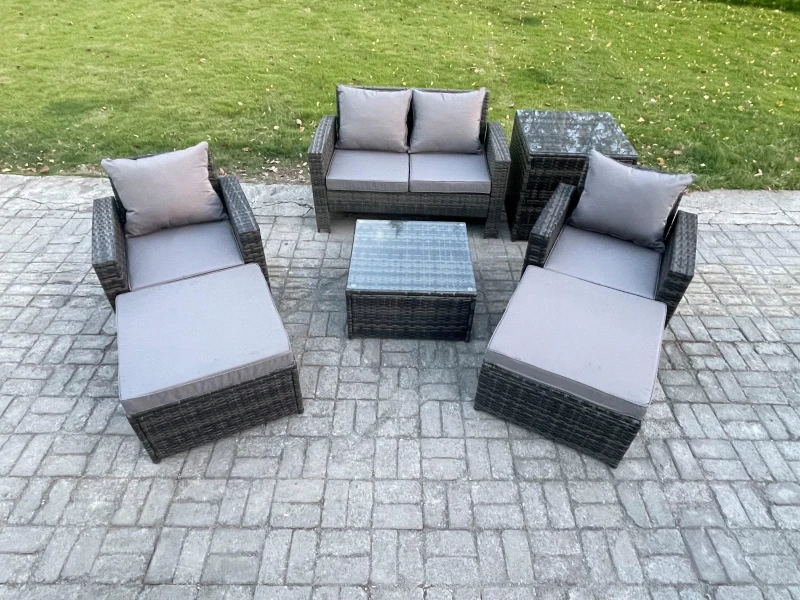 Image of Fimous Rattan Wicker Garden Furniture Patio Conservatory Sofa Set with Square Coffee Table Armchair Big Footstool Side Table in Dark Grey Dark Grey Un