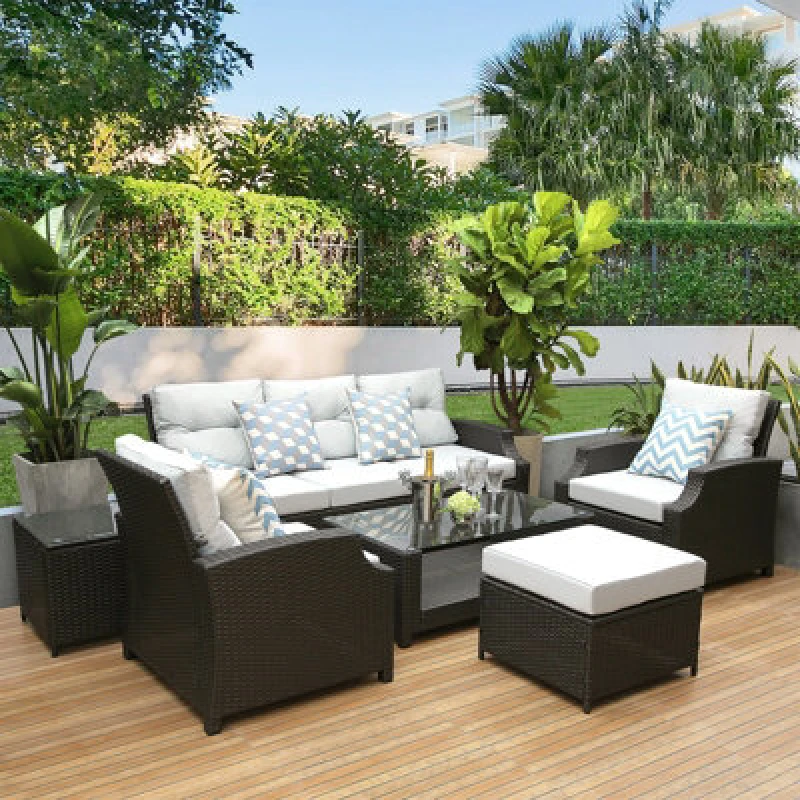 Image of 6 Pieces Pe Rattan Garden Furniture Set With Glass Top Coffee Table, Side Table, Stool, Soft Cushion Patio Sofa Set