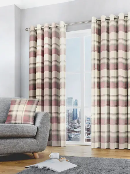 Image of Fusion 'Balmoral Check' Country Checked Pattern Pair of Eyelet Curtains Rose
