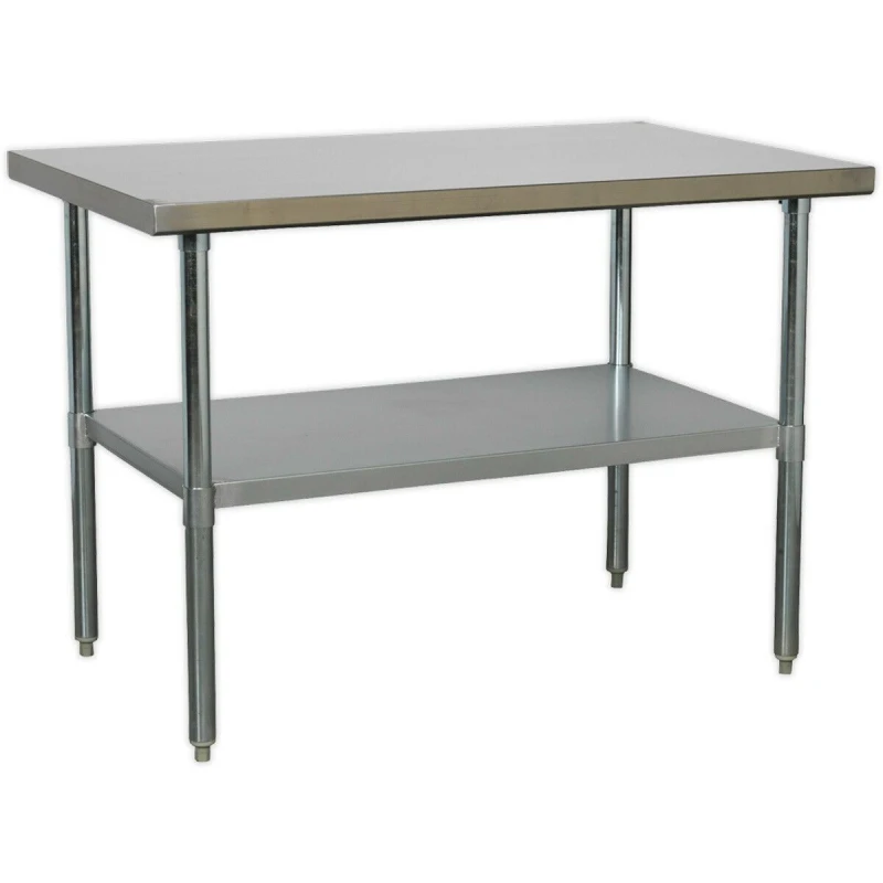 Image of Loops 1.2m Stainless Steel Work Bench & Adjustable Storage Shelf - Kitchen Station Metallics