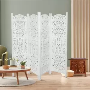 Image of 4 Panel Heavy Duty Carved Indian Screen Wooden Leaves Design Screen Room Divider 183x50cm per panel, wide open 202cm [Antique White] - White