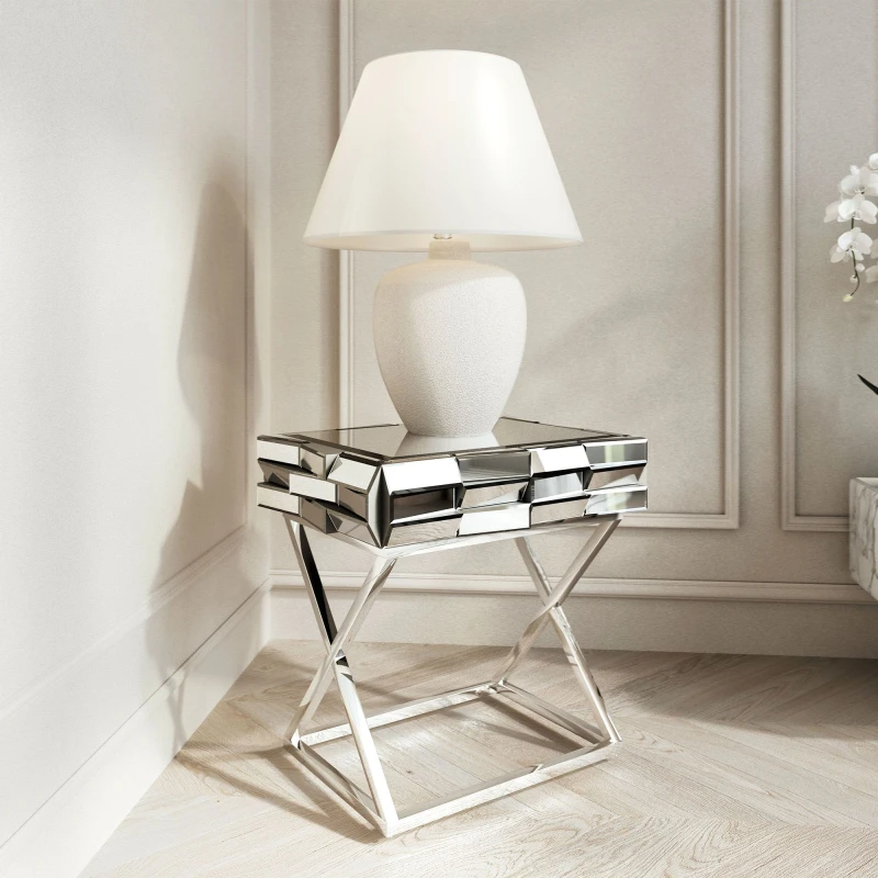 Image of CARME HOME Knightsbridge - Luxury Mirrored Side Table 3D Glass Effect Design With Drawer Chrome Crossed Legs Bedroom Living Room Furniture (Grey Silve