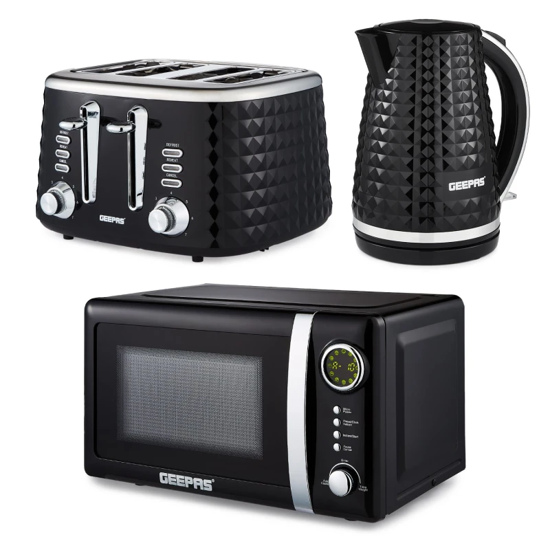 Image of Geepas Digital 20L Microwave, Argyle Colletion 1.7L Kettle & 4 Slice Toaster Set Black unisex