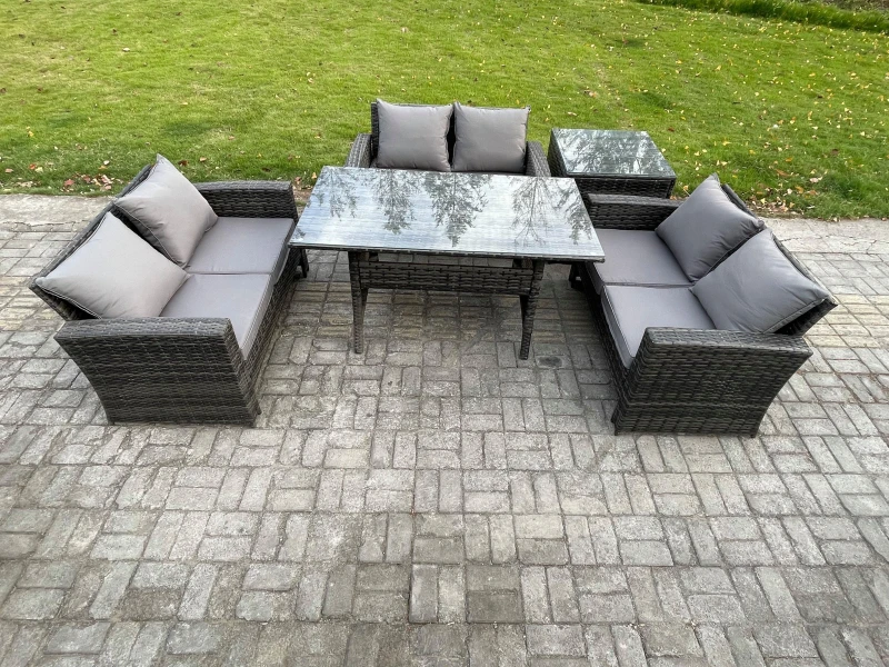 Image of Fimous 6 Seater Rattan Wicker Garden Furniture Patio Conservatory Sofa Set Indoor Outdoor With Dining Table For Garden