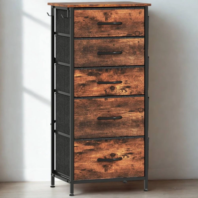Image of FURNOS Industrial 5 Fabric Drawer Chest Storage Unit Rustic in Brown Brown Unisex