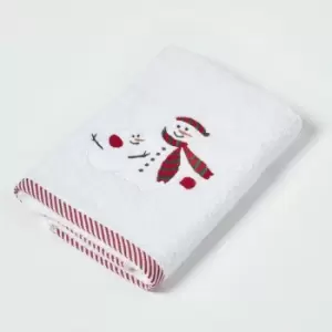 Image of Snowman Embroidered 100% Cotton Christmas Hand Towel - White & Red - Homescapes