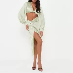 Image of Missguided Co Ord Satin Twist Front Midi Skirt - Green