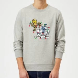Image of Star Wars Tangled Fairy Lights Droids Grey Christmas Sweatshirt - M - Grey