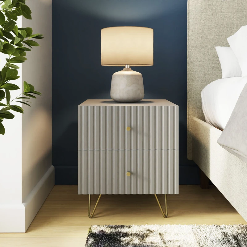 Image of GFW Thalia Grey Ribbed 2 Drawer Bedside Table
