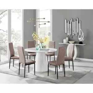 Image of Furniture Box Palma White High Gloss Round Dining Table and 6 Cappuccino Milan Black Leg Chairs
