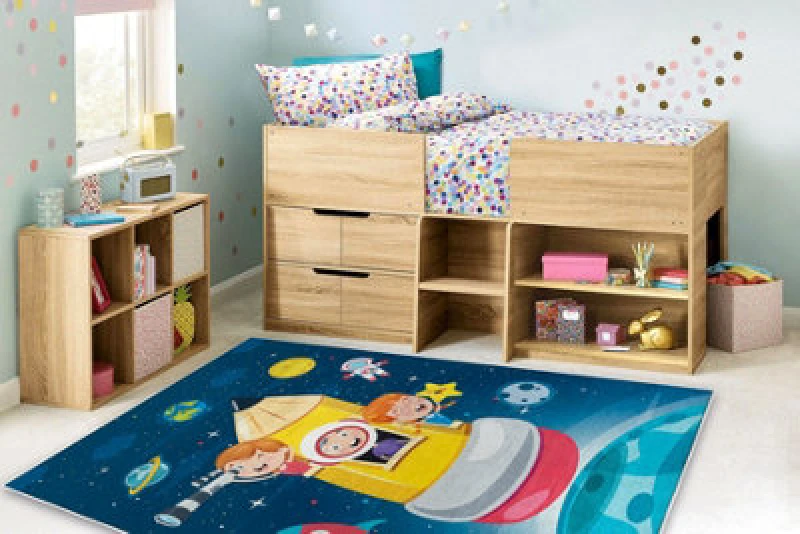 Image of RugsX Bambino 42810 Washing Carpet Rocket, Planets For Children Anti Slip - Blue / Brown 80X150 Cm