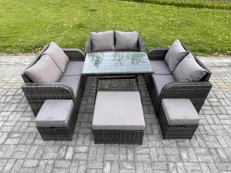 Image of Fimous Outdoor Rattan Garden Furniture Set 9 Seater Patio Love Sofa Set with Rectangular Dining Table 3 Footstools Dark Grey Mixed Dark Grey