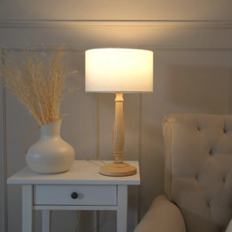 Image of ValueLights Victoria Light Wood Traditional Stem Table Lamp with Fabric Drum Shade White