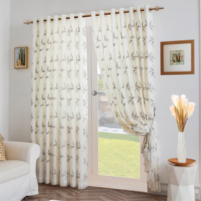 Image of Alan Symonds Leaf Embroidered Tulle Voile Curtains Ring Top - Silver Silver 147x183cm