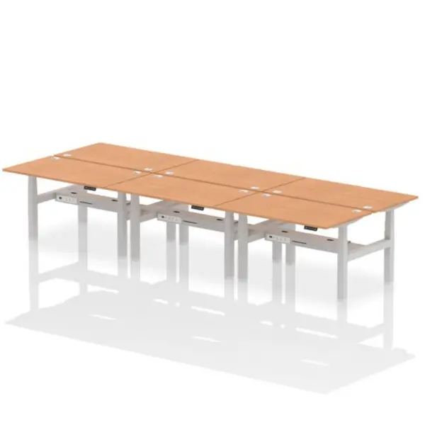 Image of Air Air Back-to-Back 1400 x 800mm Height Adjustable 6 Person Bench Desk Oak Top with Cable Ports Silver Frame HASCP6P14800OAKS