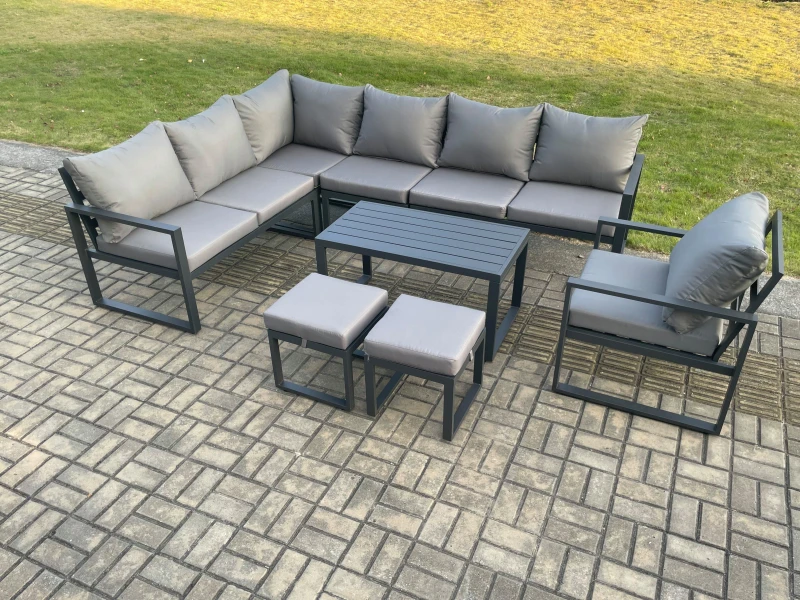 Image of Fimous Aluminium Garden Furniture Set Outdoor Indoor Lounge Corner Sofa Chair Oblong Coffee Table Sets with 2 Small Footstools Dark Grey Dark Grey Uni