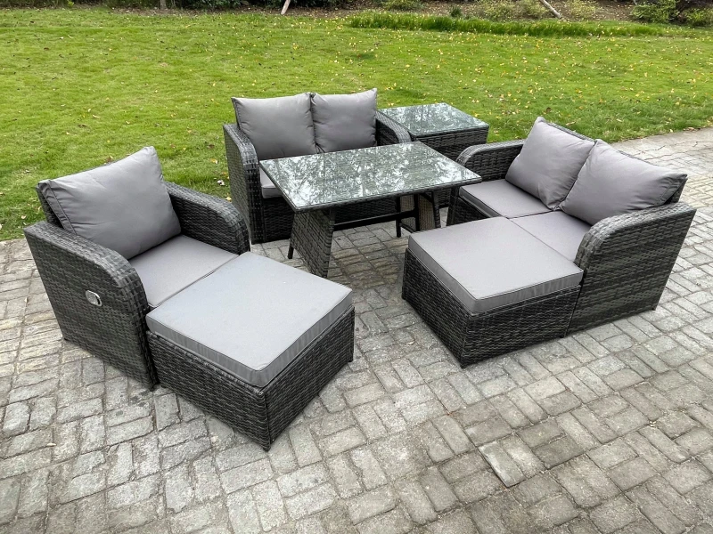 Image of Fimous 7 Seater Outdoor Garden Dining Sets Rattan Furniture With Dining Table Armchairs Love Sofa 2 Big Footstool Side Table Dark Grey Mixed Dark Grey