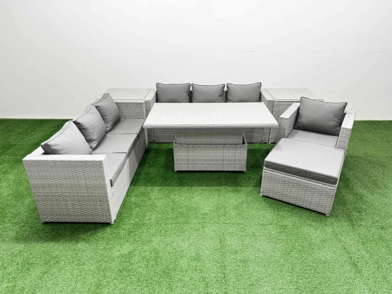 Image of Fimous 7 Pcs Rising Dining Table Set Rattan Furniture Set With 3 Seater Sofa Chair 2 Side Tables Big Footstool Light Grey