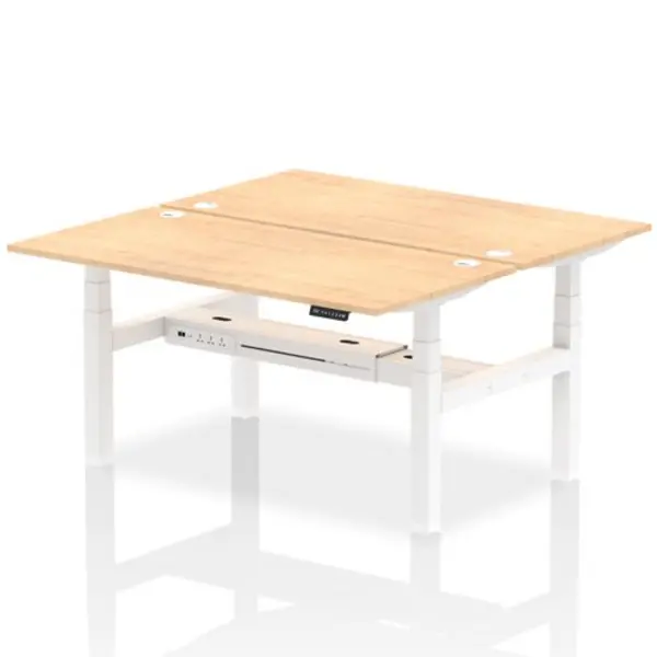 Image of Air Air Back-to-Back 1600 x 800mm Height Adjustable 2 Person Bench Desk Maple Top with Cable Ports White Frame HASCP2P16800MPEW