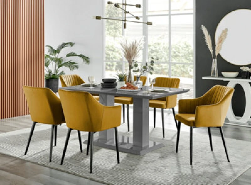 Image of FurnitureboxUK FurnitureboxUK Imperia High Gloss Grey Dining Table & 6 Calla Black Leg Chairs in Mustard Mustard One Size Unisex 5056542687150