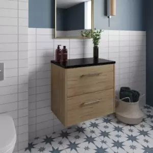 Image of Hudson Reed Juno Wall Hung 2-Drawer Vanity Unit with Sparkling Black Worktop 600mm Wide - Autumn Oak