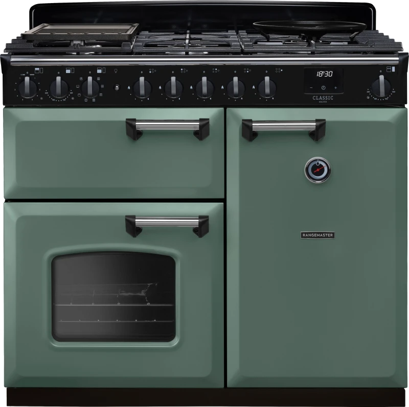Image of Rangemaster Classic Deluxe 100 Dual Fuel CLDL100DFPMGR/CM1 100cm wide Dual Fuel Range Cooker with Gas Hob - Mineral Green / Chrome - A/A Rated
