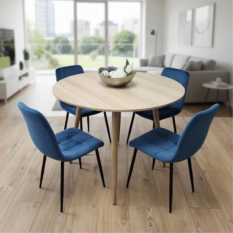 Image of Kosy Koala Modern Round Dining Table Set With 4 Blue Velvet Chairs Dining Room Furniture