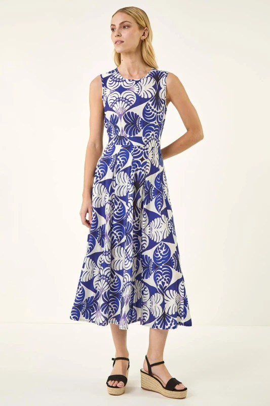 Image of Roman Womens Abstract Print Midi Dress in Blue Size: 12 Blue Female 12