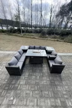 Image of Fimous 8 Seater Outdoor Dark Grey Rattan Garden Furniture with Gas Fire Pit Dining Table, Gas Heater, and Side Tables