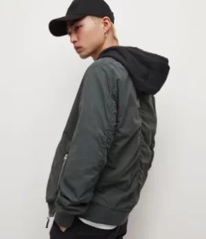 Image of AllSaints Mens Bassett Bomber Jacket, Grey Tide Blue, Size: XS