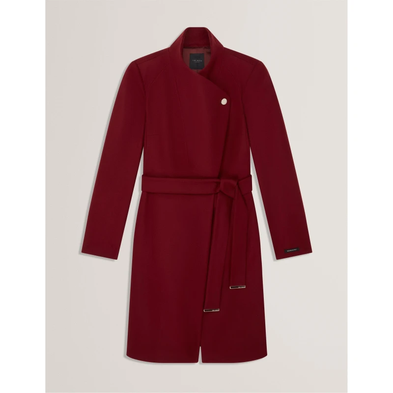 Image of Ted Baker Womens Rose Belted Midi Wool Long Sleeve Coat Maroon female 6 (2X)