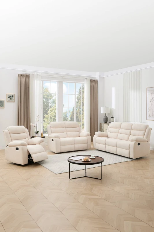 Image of More4Homes Boston Manual Recliner Fabric 1+2+3 Seater Sofa Set (Beige)
