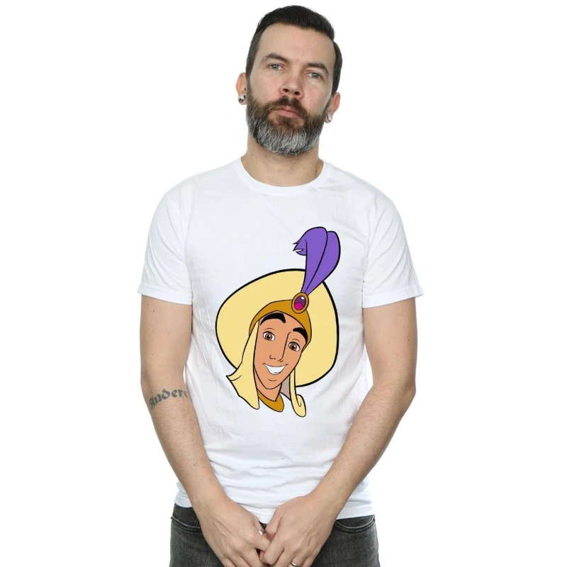 Image of Disney Men Aladdin Prince Ali Face T-Shirt in White Size: Small White S Male 5059568049827