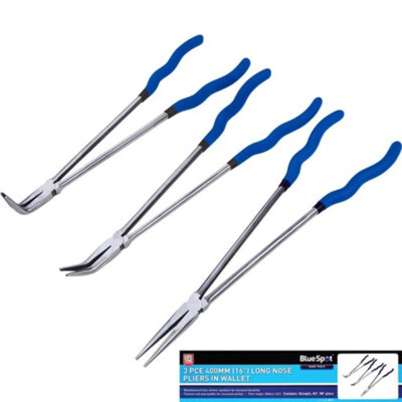 Image of BlueSpot Tools Bluespot Bent Nose Pliers Long Reach 3Pc 16" Straight Bent Angled Plier 08187