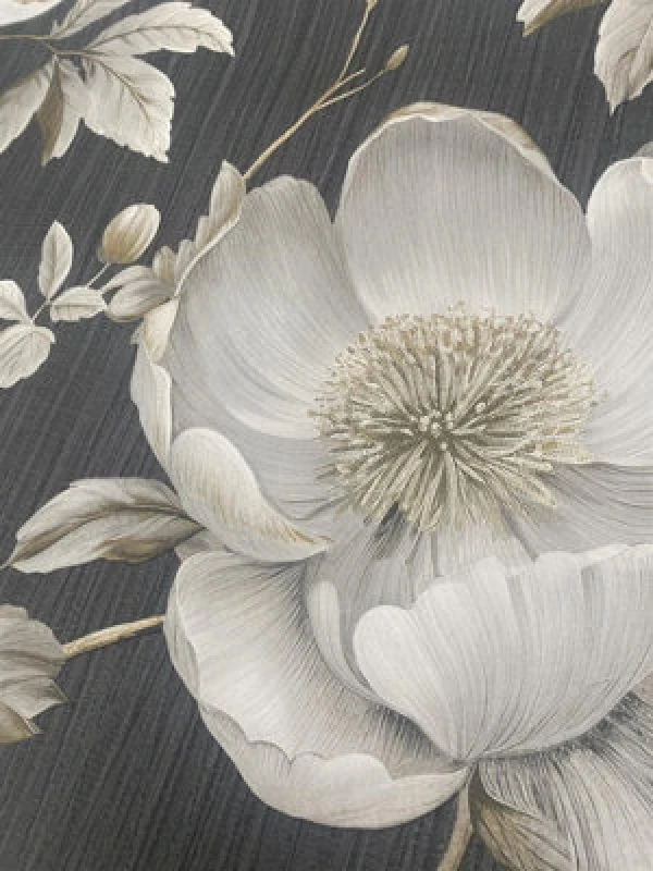 Image of Muriva Alethia Floral Wallpaper - For Living Room, Bedroom, Fireplace - Matt Finish, Floral Pattern, Black