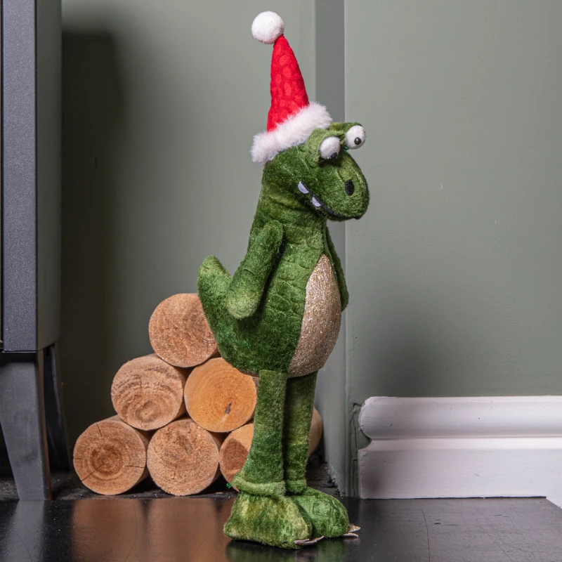 Image of 37cm Green Standing Christmas Dinosaur with Santa Hat