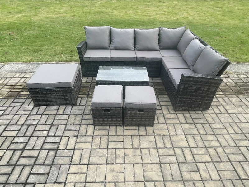 Image of Fimous Wicker PE Outdoor Garden Furniture Set High Back Rattan Corner Sofa Set with Rectangular Coffee Table 3 Footstools in Dark Grey Dark Grey Unise